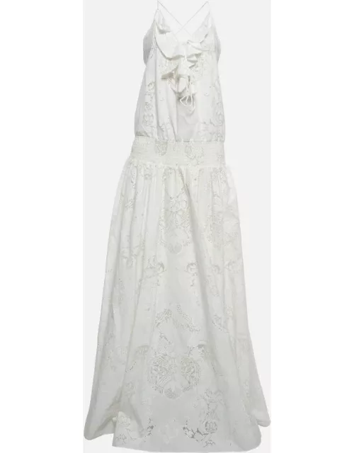 Roberto Cavalli Off-White Semi Sheer Patterned Cotton Frill Detailed Maxi Dress