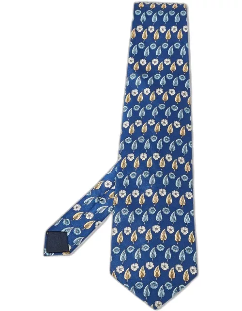 Lanvin Blue Leaf Print Satin Silk Traditional Tie