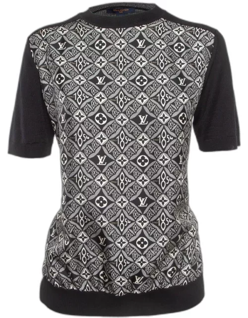 Louis Vuitton Black Monogram Print Crepe and Knit T-Shirt