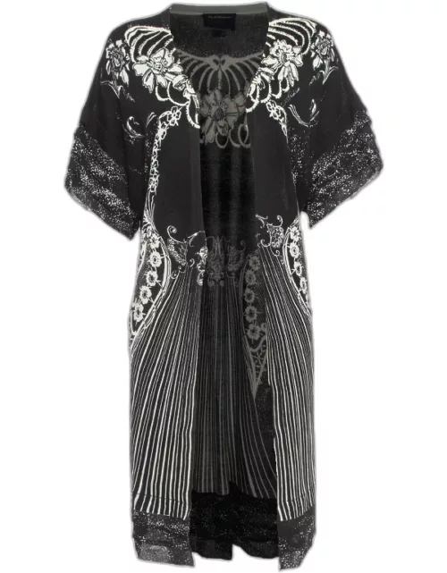 Class by Roberto Cavalli Black Floral Knit Silk Trim Long Cardigan