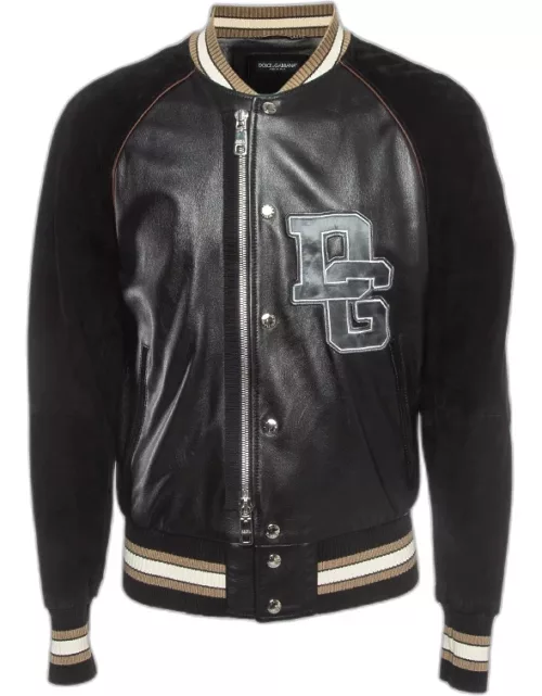 Dolce & Gabbana Black Leather and Suede Varsity Bomber Jacket