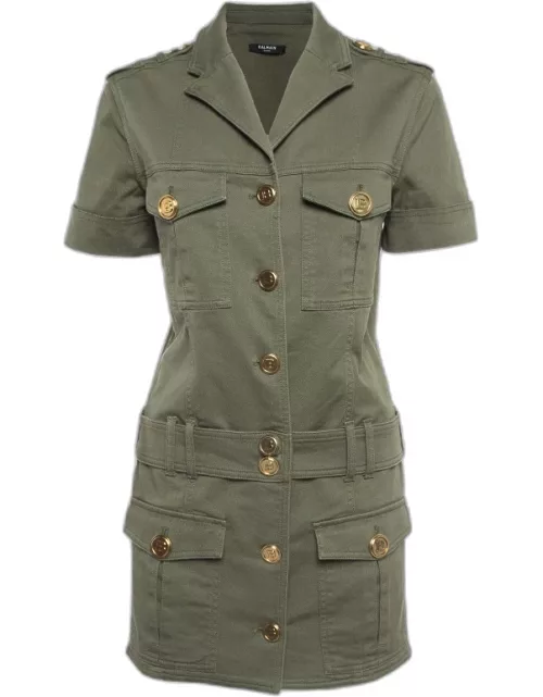 Balmain Military Green Gabardine Belted Shirt Dress