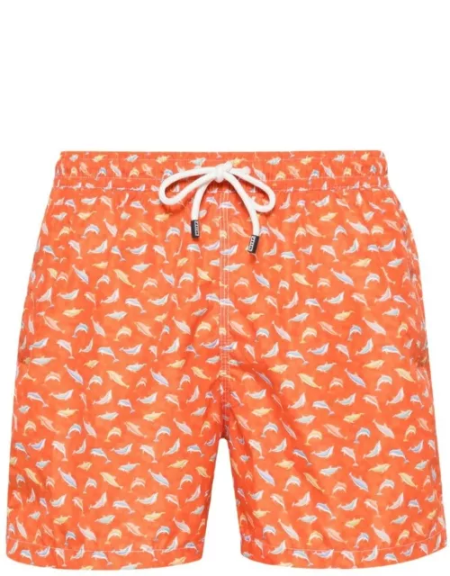 Fedeli Orange Swim Shorts With Dolphin Pattern