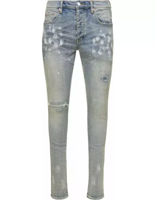 Light Blue Five Pockets Skinny Jeans With Paint Stains In Cotton Denim Man Purple Brand