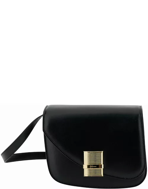 Ferragamo fiamma S Black Shoulder Bag With Logo Detail And Oblique Flap In Leather Woman