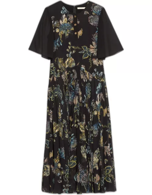 Forest Floral Pleated Drop Waist Midi Dres