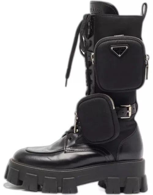 Prada Black Leather and Satin Monolith Mid Calf Boot