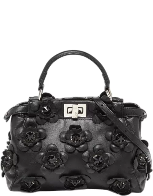 Fendi Black Leather Mini Peekaboo Flowerland Top Handle Bag