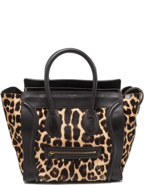 Celine Brown Leopard Print Calfhair and Leather Mini Luggage Tote
