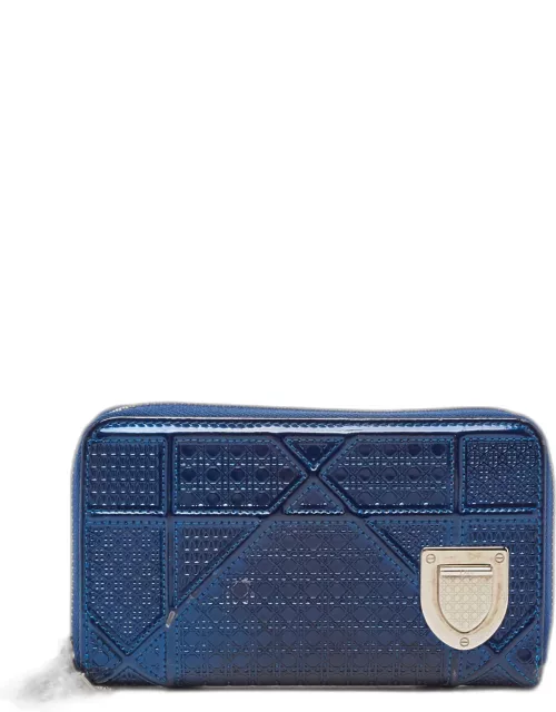 Dior Blue Micro Cannage Patent Leather Diorama Zip Around Wallet