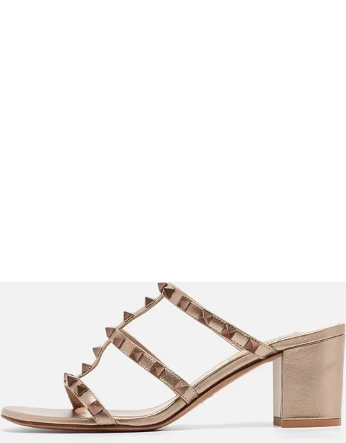 Valentino Gold Leather Rockstud Slide Sandal