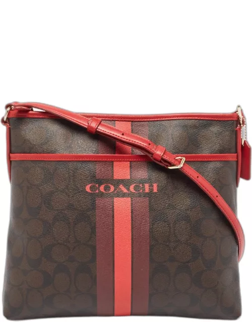 Coach Dark Brown/Red Signature Coated Canvas Varsity Striped File Crossbody Bag