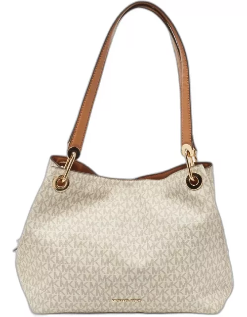 Michael Kors White/Brown Signature Coated Canvas and Leather Raven Shoulder Bag
