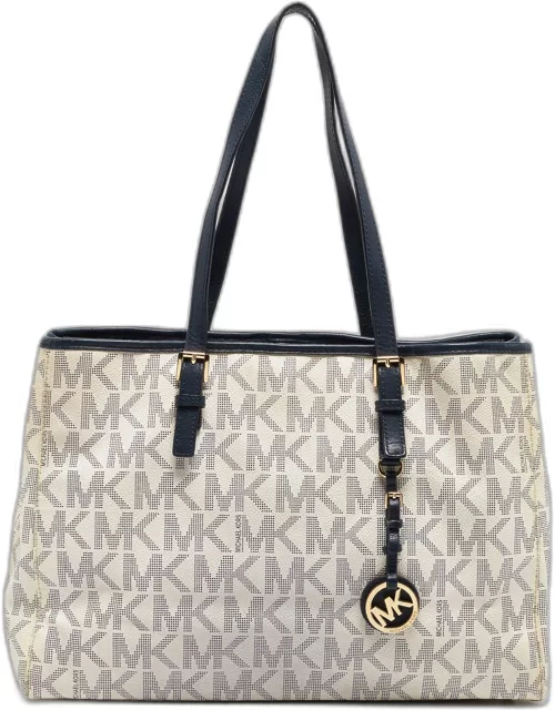 Michael Kors Navy Blue/White Signature Coated Canvas and Leather Jet Set Tote