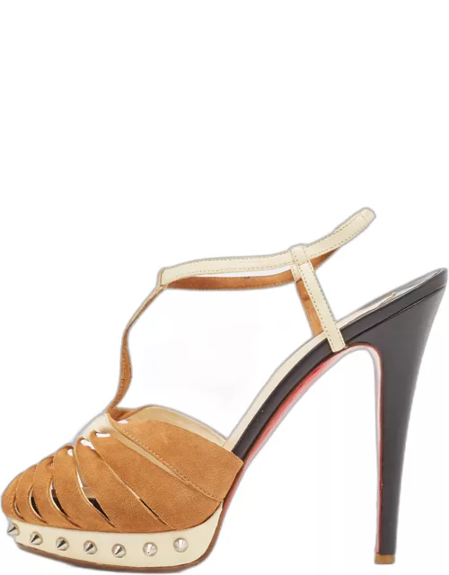 Christian Louboutin Brown/Beige Suede and Leather Zigounette Spiked Sandal