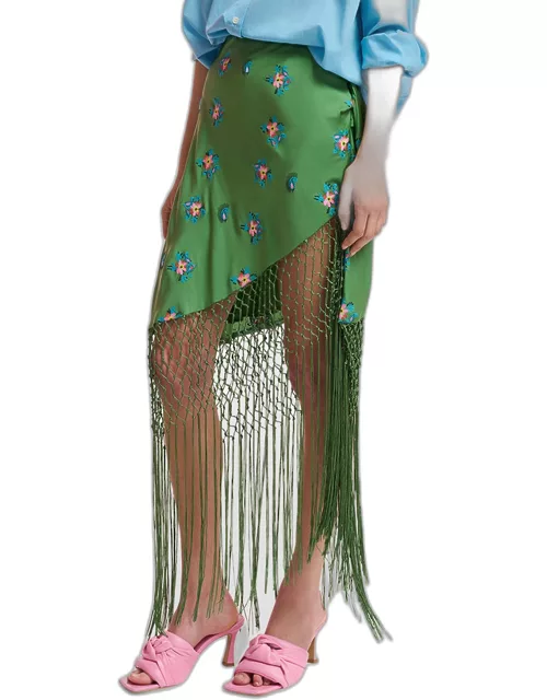 Fioretto Embroidered Front-Tie Mini Fringe Skirt