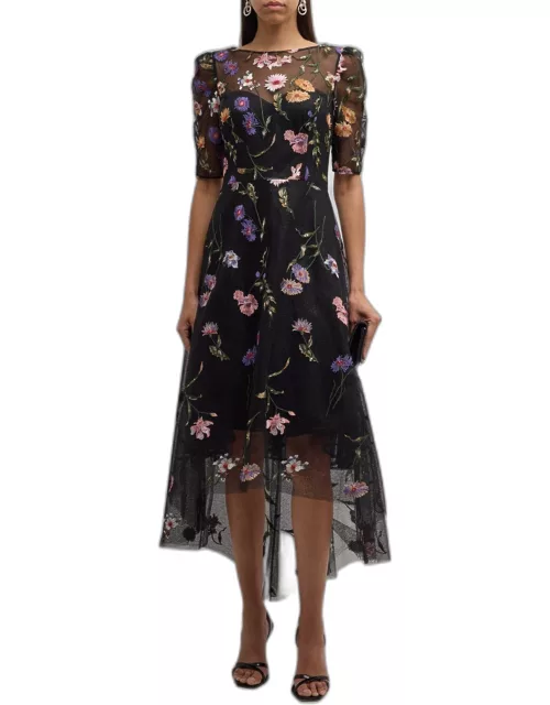 High-Low Floral-Embroidered Tulle Maxi Dres