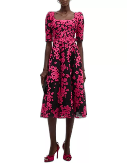 Floral-Embroidered Tulle Midi Dres