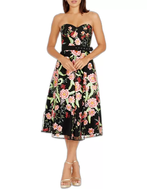 Mabel Strapless Floral-Embroidered Midi Dres