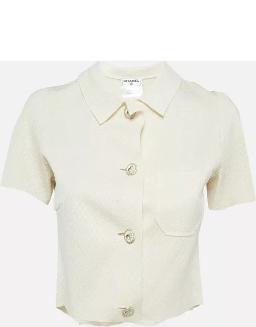 Chanel Off White Lozenge Knit Cropped Shirt