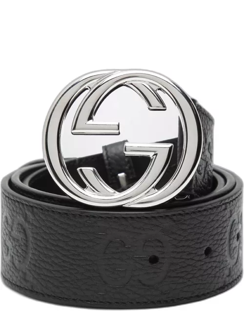 Black jumbo leather belt with GG cross buckle