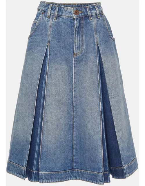 Balmain Blue Denim Pleated Midi Skirt