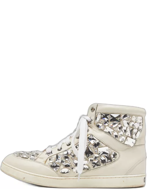 Jimmy Choo White Leather Tokyo Crystal Embellished High Top Sneaker