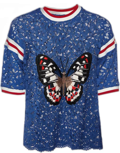 Gucci Royal Blue Lace Butterfly Appliqued Sheer Top