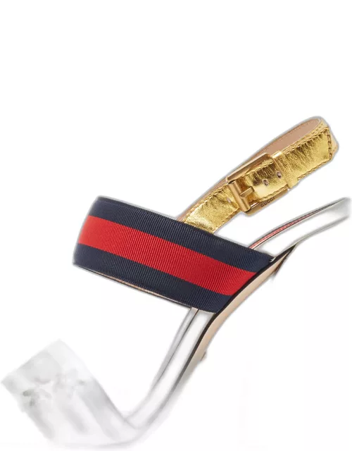Gucci Gold Leather and Grosgrain Web Aline Sandal