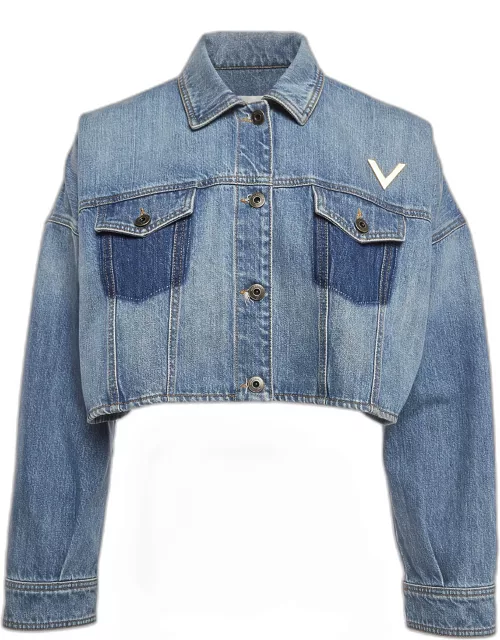Valentino Blue V Metal Embellished Denim Crop Jacket