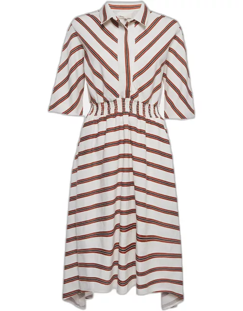 Maje White/Red Striped Gabardine Asymmetric Midi Dress