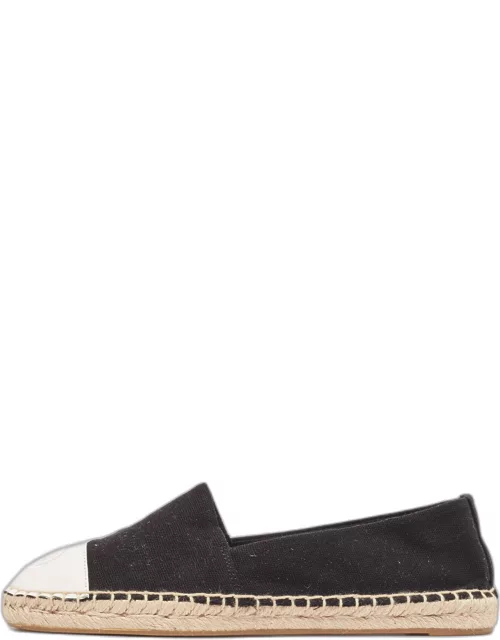 Tory Burch Black/White Canvas and Leather Cap Toe Espadrille Flat
