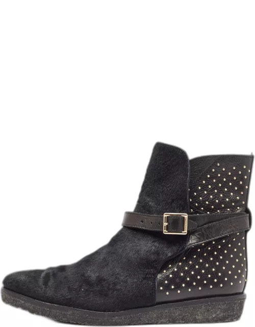 Burberry Black Leather and Calfhair Studded Ankle Boot