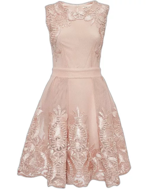 Maje Pink Nude Floral Embroidered Mesh Short Dress
