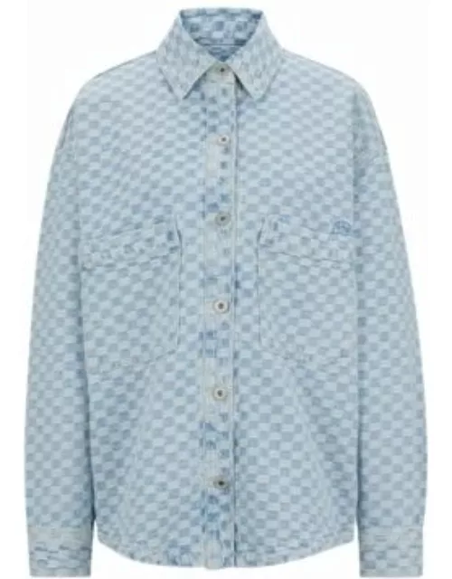 Blue-denim jacket with checkerboard jacquard- Light Blue Women's Clothing