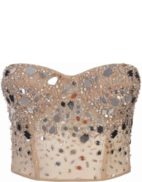Ermanno Scervino Nude Tulle Bustier Top With Degradé Crystal Application