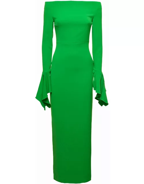 Solace London amalie Maxi Green Dress With Straight Neckline And Volant Detail In Polyester Woman