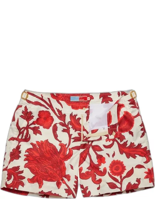 Setter - Dragonflower Print Shorter-Length Swim Shorts Woven In France in Summer Red/White Sand colour