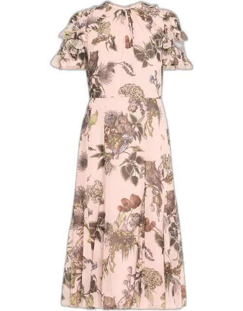 Forest Floral Printed Ruffle Midi Day Dres