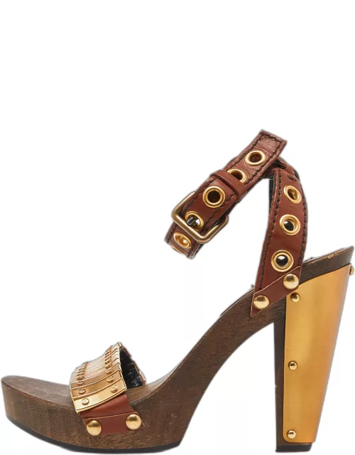 Miu Miu Brown/Gold Leather and Metal Platform Eyelet Ankle Strap Sandal