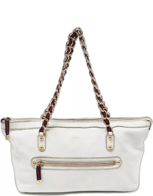 Gucci White Leather Front Zip Chain Tote