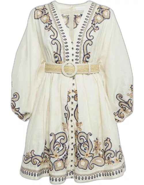 Zimmermann Cream Paisley Linen Belted Aliane Mini Dress