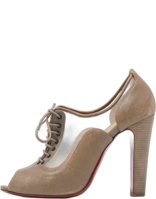 Christian Louboutin Beige Mesh and Leather Flannel Lady Peep Toe Lace Up Oxford Bootie