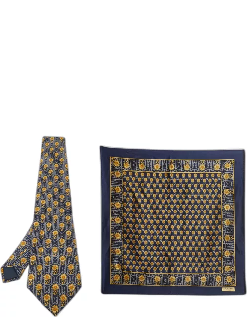 Lanvin Navy Blue Floral Print Satin Silk Pocket Square and Tie