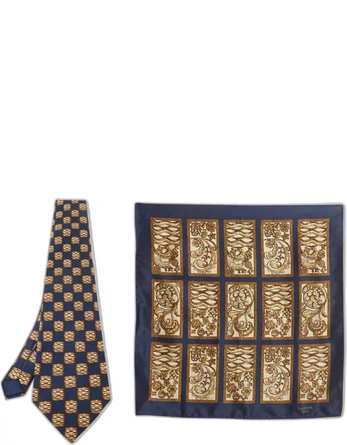 Lanvin Blue Printed Satin Silk Pocket Square and Traditional Tie