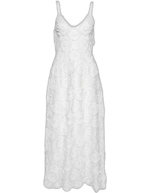 Elie Saab White Floral Appliqued Tulle Midi Dress