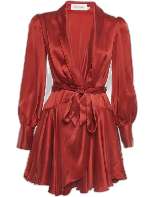 Zimmermann Red Silk Satin Blouson Sleeve Mini Wrap Dress