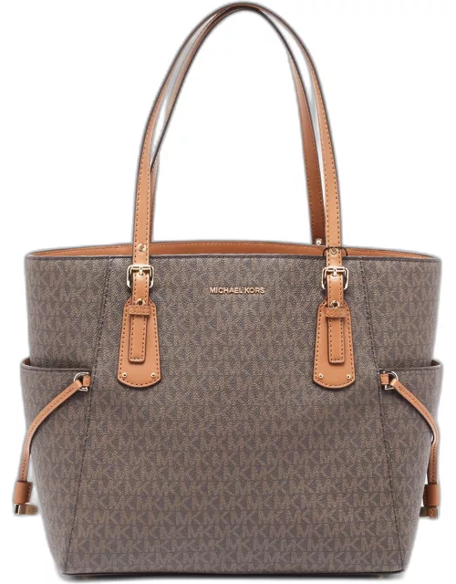 Michael Kors Brown/Tan Signature Coated Canvas and Leather Voyager Tote