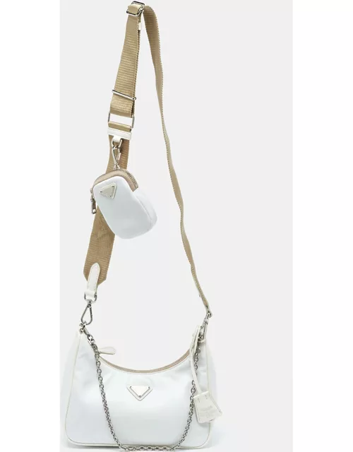 Prada White Nylon and Saffiano Lux Leather Re-Edition 2005 Crossbody Bag