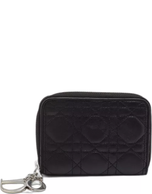 Dior Black Cannage Leather Lady Dior Zip Compact Wallet